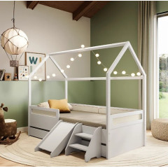 Cama Montessoriana Divertidamente com Casinha, Cama Auxiliar, Escada e Escorrega Branco com Rattan