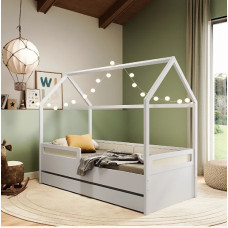 Cama Montessoriana Divertidamente com Casinha e Cama Auxiliar Branco com Rattan