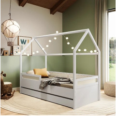 Cama Montessoriana Divertidamente com Casinha e Cama Auxiliar Branco com Rattan