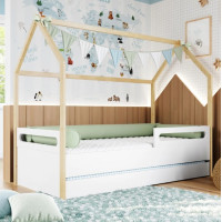Cama montessoriana Tivoli completa branca com casinha pinus natural