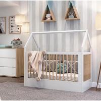 Berço montessori Wood branco/carvalho com colchão [estrado antirrefluxo]