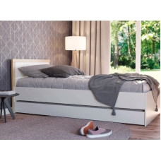 Cama solteiro Wood com auxiliar branca acetinada com carvalho treviso